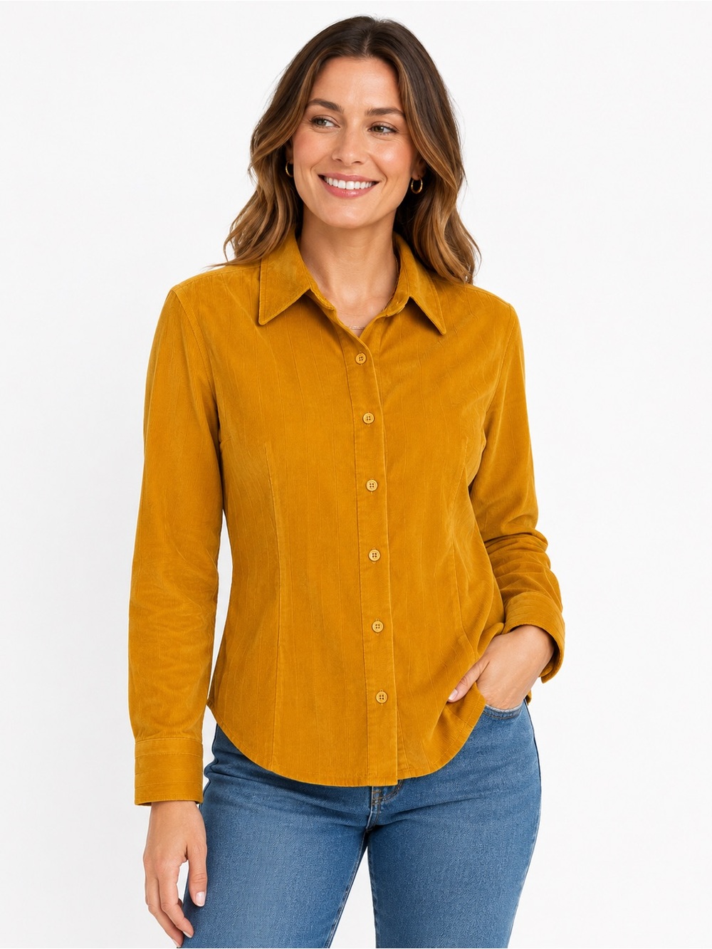 Vintage 90’s Façonnable Women M Mustard Corduroy Button Front Shirt France
